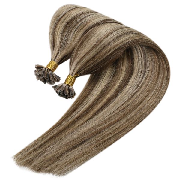 U Tip Human Hair Extensions Brown with Caramel Blonde Highlights #4/27